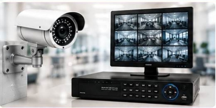 CCTV camera with a multi-channel recorder and monitor wall